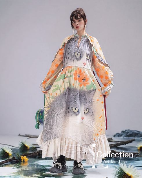 Cat Print Botanical Long Dress